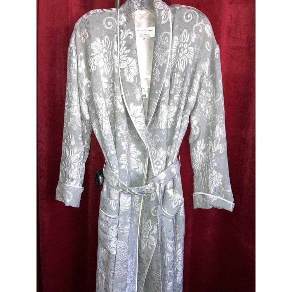 M Daniel Hanson Silk Brocade Robe Gray Floral Nieman Marcus